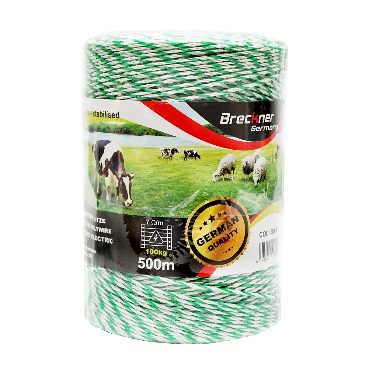 Rola fir alb-verde fi 2.5mm insertie metalica 4x0.2mm SS, rezistenta 7 Ohm/m, 500m gard electric Breckner Germany
